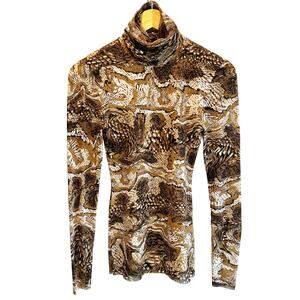 Ganni Animal Print Fitted Mesh Turtleneck Long Sleeve Top - size 32 (XXS)